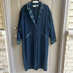 90s Navy Blue Trench Coat with Plaid Accents